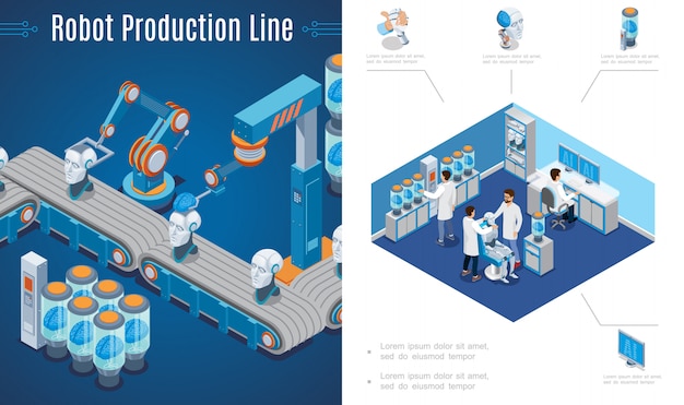 Composición de invención de inteligencia artificial con línea de producción de robots y científicos crean cyborgs en laboratorio en estilo isométrico