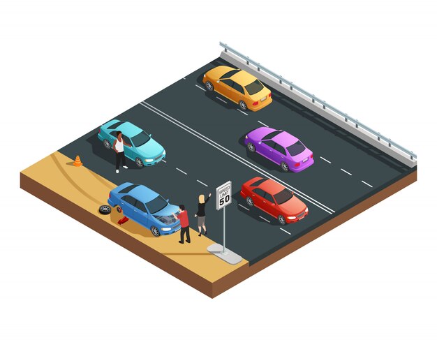 Composición isométrica de accidentes automovilísticos con dos personas que tienen llanta desinflada y piden ayuda vectoriales illu