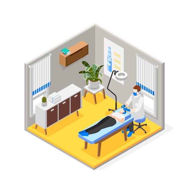 Composición isométrica de ácido hialurónico con vista del interior del consultorio médico con paciente acostado e ilustración de vector de especialista médico