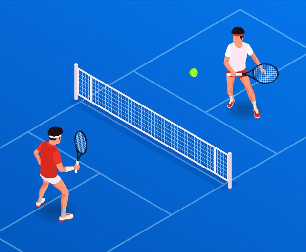 Composición isométrica de actividad física con personas jugando tenis ilustración vectorial