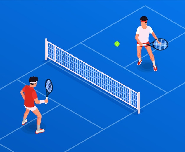 Composición isométrica de actividad física con personas jugando tenis ilustración vectorial