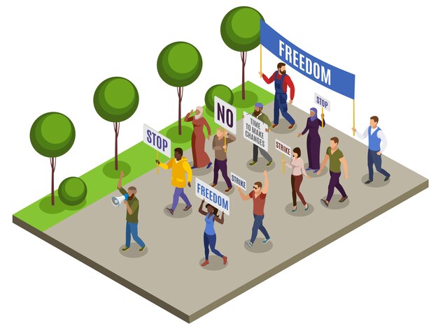 Composición isométrica de activistas con un grupo de personas con carteles de altavoces en la calle de la ciudad
