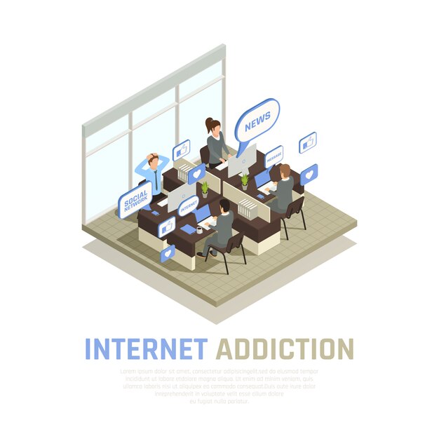 Composición isométrica de adicción a gadgets de teléfonos inteligentes de Internet con vista de la habitación de la oficina del cubículo con personas y burbujas de pensamiento ilustración vectorial