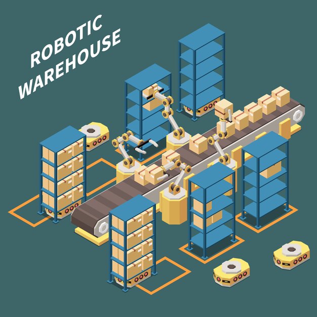 Composición isométrica de almacén robótico con robot de embalaje de productos 3d ilustración vectorial