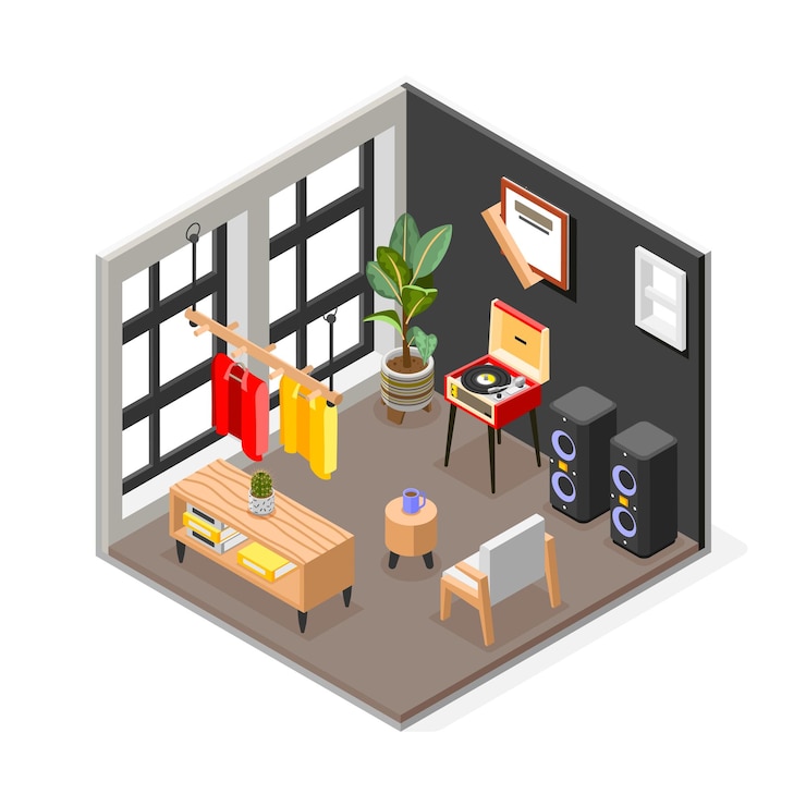 Vector gratuito composición isométrica del almacén con vista aislada de la ropa sala de la tienda con interior acogedor y altavoces ilustración vectorial