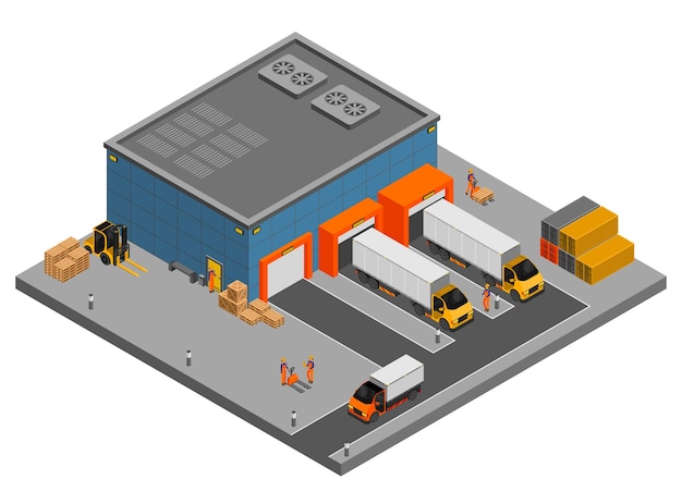 Composición isométrica del almacén con vista al edificio y puertas con cajas de camiones y contenedores con ilustraciones vectoriales de trabajadores