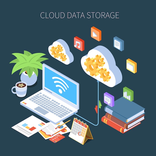 Composición isométrica de almacenamiento de datos en la nube con información personal y archivos multimedia en la oscuridad
