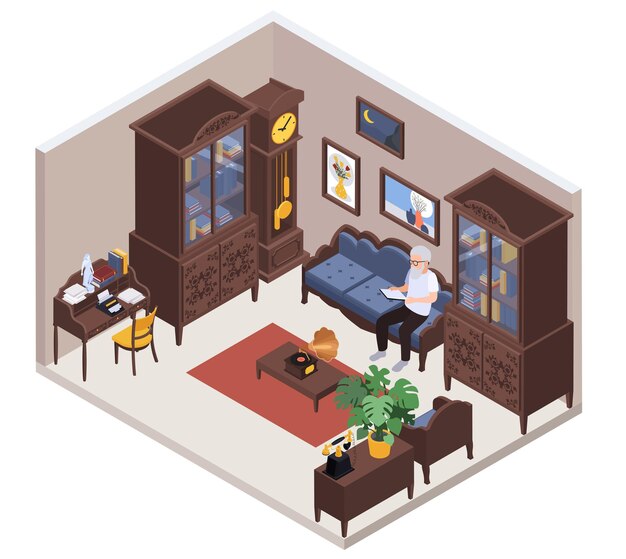 Composición isométrica antigua con vista aislada del interior con un anciano sentado en una ilustración vectorial de apartamento vintage