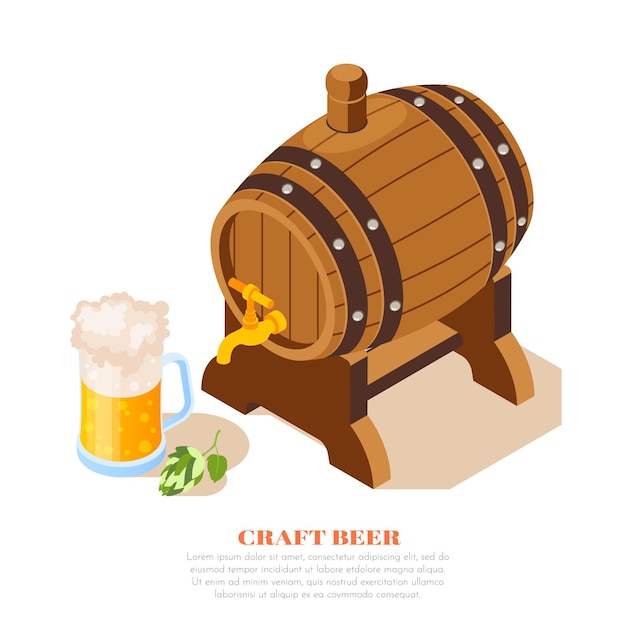 Composición isométrica del anuncio del pub de cerveza artesanal de la cervecería local con hojas de lúpulo de taza llena de barril de roble