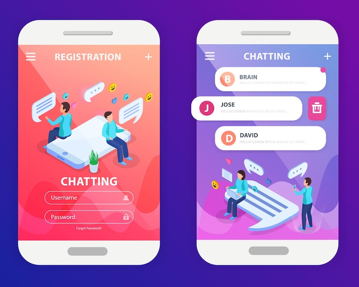 Vector gratuito composición isométrica de la aplicación móvil de chat con inicio de sesión de registro y pantalla de teléfono inteligente de mensajería de personas