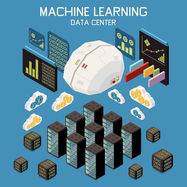 Composición isométrica de aprendizaje automático con iconos de texto y centro de datos bastidores de servidores cerebro artificial y nubes ilustración vectorial