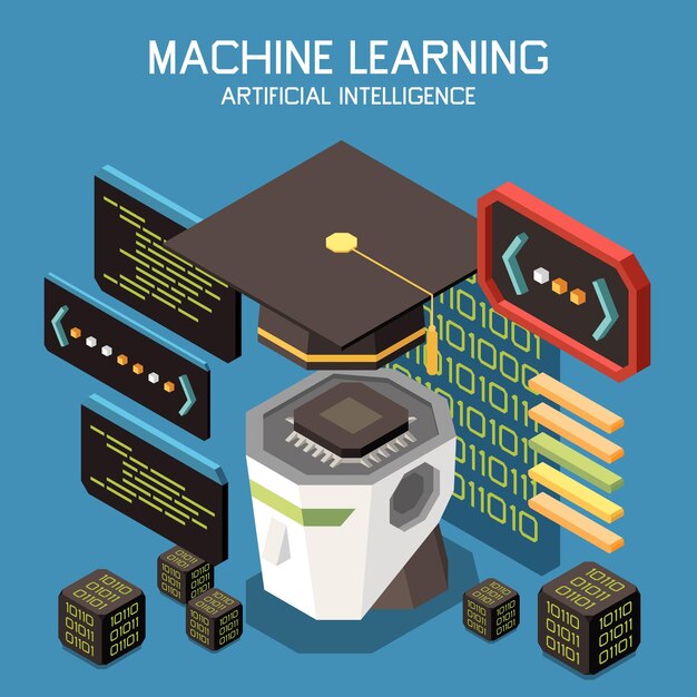 Composición isométrica de aprendizaje automático con texto y cubos con chip de cabeza robótica de código con ilustración de vector de sombrero académico