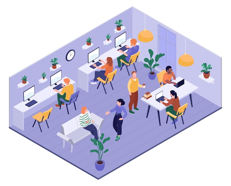 Vector gratuito composición isométrica de autónomos con vista aislada del espacio de coworking con personas en escritorios y plantas de interior ilustración vectorial