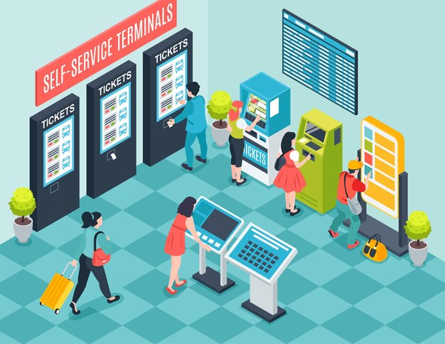 Composición isométrica de autoservicio con vista interior de la cabina del centro comercial con cajeros automáticos y máquinas de venta de boletos con pantalla táctil ilustración vectorial