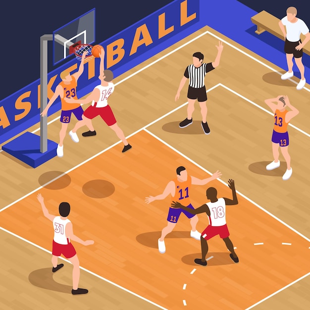 Composición isométrica de baloncesto con personajes humanos de jugadores de equipo y árbitro en la cancha con ilustración de vector de poste de canasta