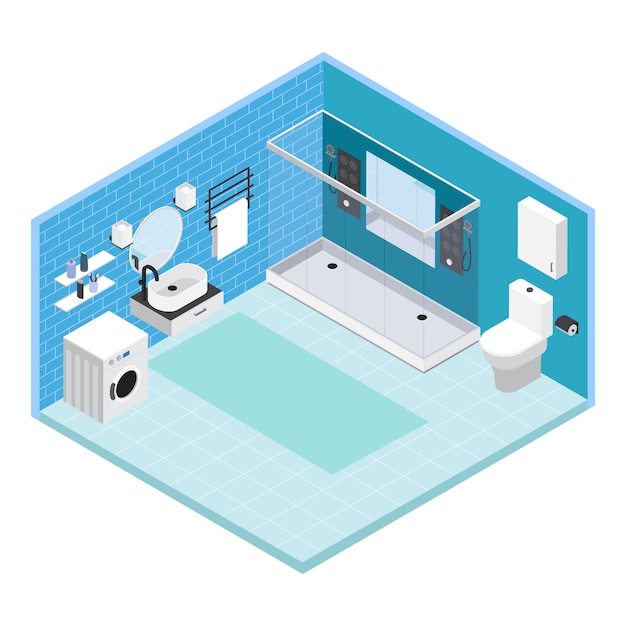 Composición isométrica del baño interior con azulejos en las paredes con ducha y lavadora