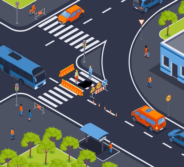 Composición isométrica de barreras viales de tráfico del paisaje de intersección de carreteras de la ciudad con conos de tráfico coches y personas ilustración vectorial
