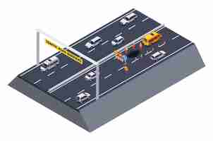 Vector gratuito composición isométrica de barreras viales de tráfico con vista aislada de la sección de la autopista con conos de tráfico de trabajadores de mantenimiento ilustración vectorial