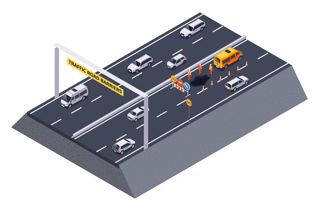Composición isométrica de barreras viales de tráfico con vista aislada de la sección de la autopista con conos de tráfico de trabajadores de mantenimiento ilustración vectorial