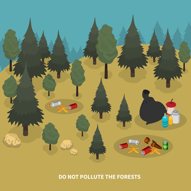 Composición isométrica de basura con paisaje forestal e imágenes de árboles con pedazos de basura en la ilustración del suelo