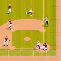 Vector gratuito composición isométrica de béisbol con vista superior del campo de pelota con personajes humanos de jugadores e ilustración de vector de árbitro