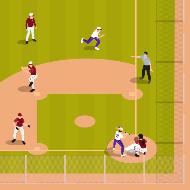 Composición isométrica de béisbol con vista superior del campo de pelota con personajes humanos de jugadores e ilustración de vector de árbitro