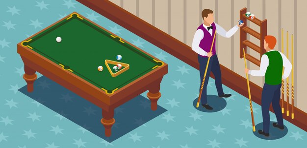 Composición isométrica de billar con dos personajes humanos masculinos de jugadores en la sala de juego con muebles