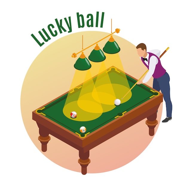 Vector gratuito composición isométrica de billar con personaje de jugador masculino que apunta su palo para golpear la bola de la suerte en el bolsillo
