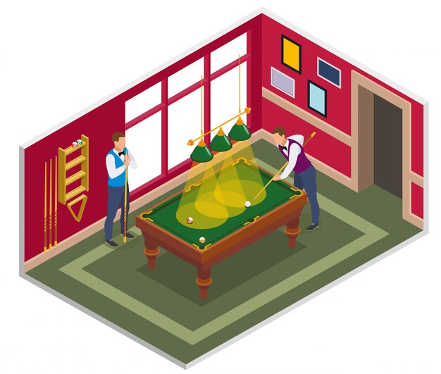Composición isométrica de billar con vista de sala de billar interior con muebles y personajes de personas