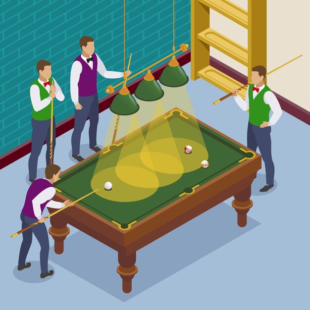 Composición isométrica de billar con vista de la situación del juego con sala de juego y personajes humanos de jugadores