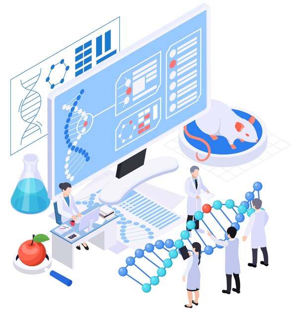Composición isométrica de biotecnología con un grupo de científicos que sostienen un gran modelo de adn con ratón en el lugar de trabajo e ilustración vectorial de computadora