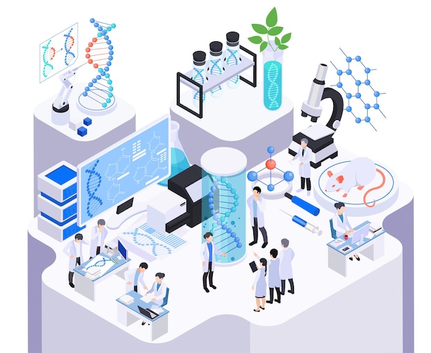 Composición isométrica de biotecnología con vista de elementos de escritorio de trabajo de laboratorio con tubos de ensayo dna y científicos ilustración vectorial
