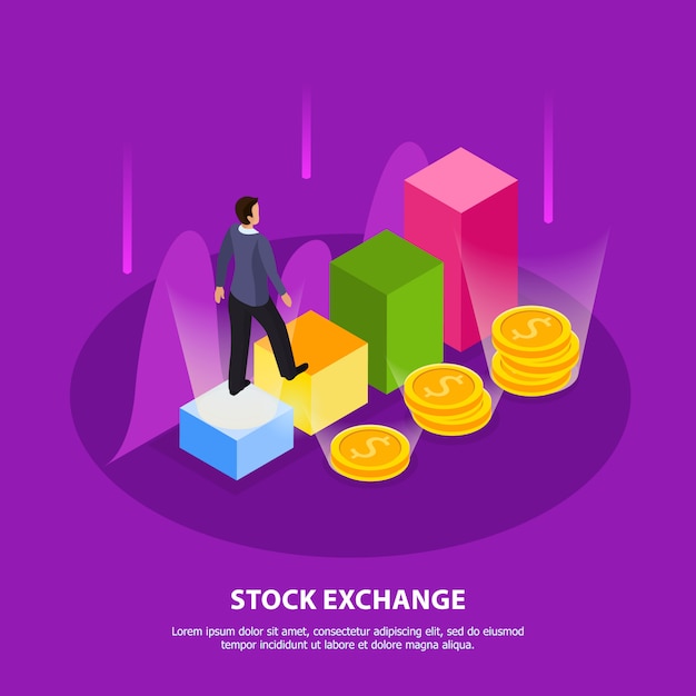 Vector gratuito composición isométrica de bolsa con título de bolsa y elementos abstractos ilustración