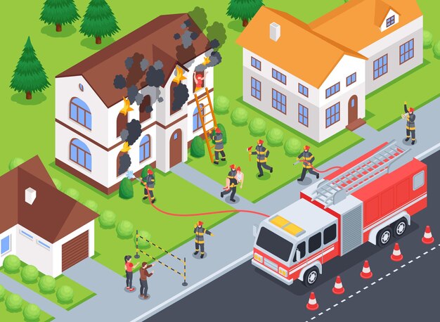 Composición isométrica de bombero con camión de bomberos de paisaje de ciudad al aire libre y bomberos poniendo fuego fuera de la ilustración de vector de casa