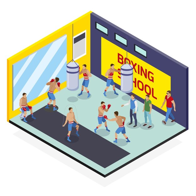 Composición isométrica de la caja con vista de la sala de ejercicios de la escuela de boxeo con personajes humanos y sacos de boxeo
