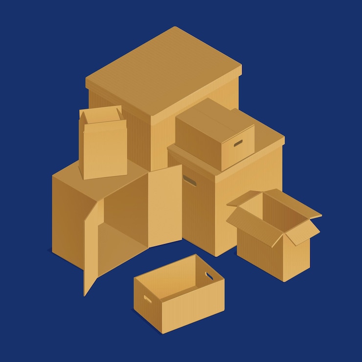 Vector gratuito composición isométrica de cajas de cartón con conjunto de paquetes de cartón.