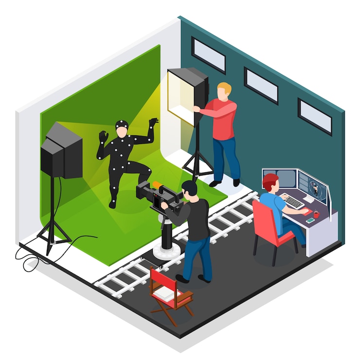 Vector gratuito composición isométrica de captura de movimiento de cine con iluminador videógrafo actor y diseñador gráfico durante el trabajo