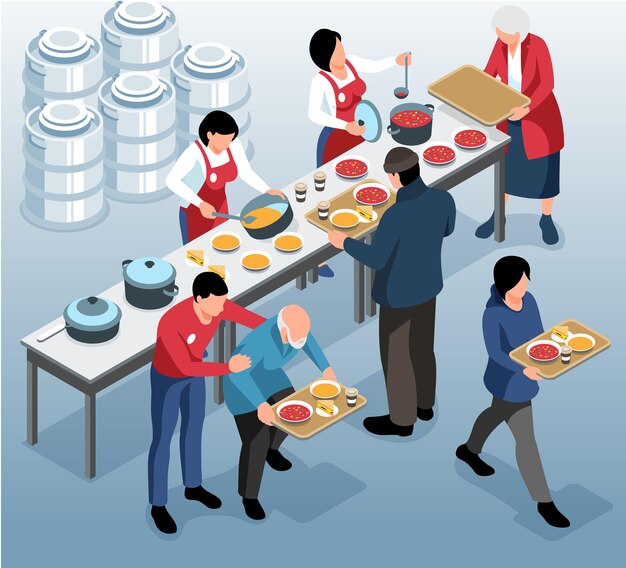 Composición isométrica de caridad voluntaria con mujeres que alimentan a personas pobres y ancianas en la cocina de sopa 3d ilustración vectorial