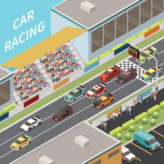 Composición isométrica de la carrera de autos con vista exterior de autos de carreras en la pista con audiencia en la ilustración de los asientos