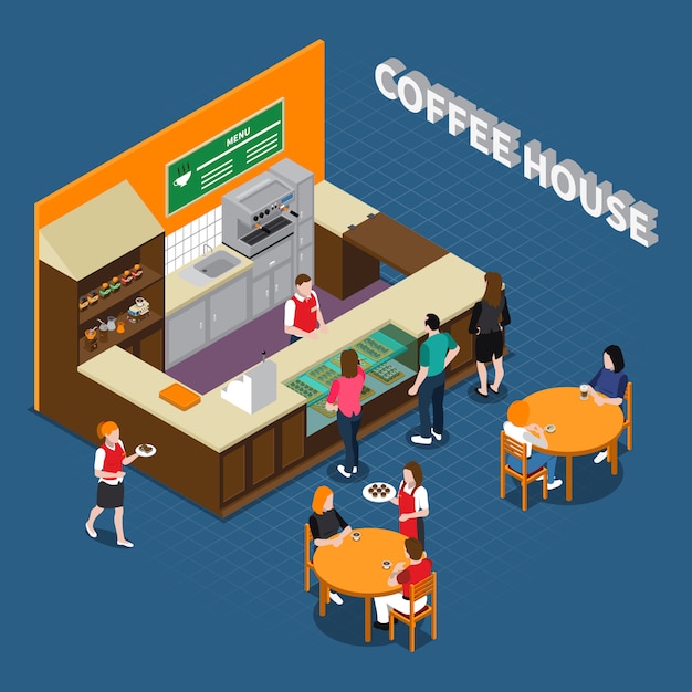 Composición isométrica de la casa de café