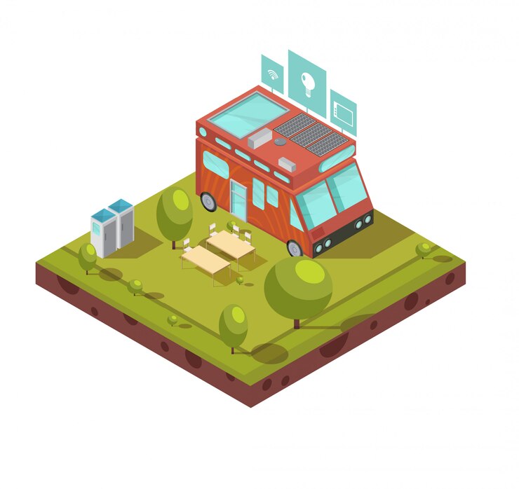 Vector gratuito la composición isométrica de la casa móvil, incluida una camioneta con baterías solares wifi y los iconos de tecnologías, ilustración vectorial