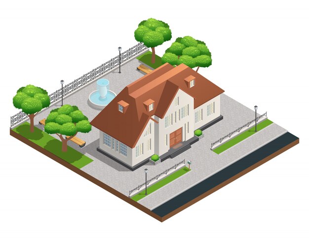 Composición isométrica con casa suburbana y gran patio limpio con árboles y bancos fuente