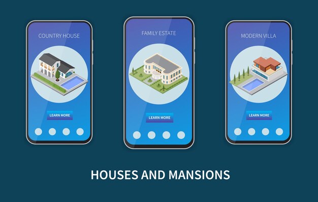 Composición isométrica de casas y mansiones con información sobre el patrimonio familiar en la aplicación móvil para la ilustración de vector de teléfono inteligente