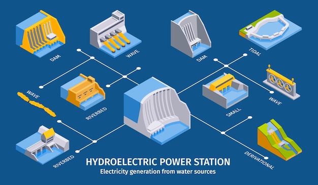 Composición isométrica de la central hidroeléctrica con diagrama de flujo de edificios de unidades de fábrica aisladas con leyendas de texto editables ilustración vectorial