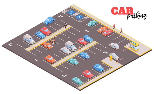 Composición isométrica del centro comercial de estacionamiento de automóviles con vista del área cuadrada con imágenes de automóviles y personas
