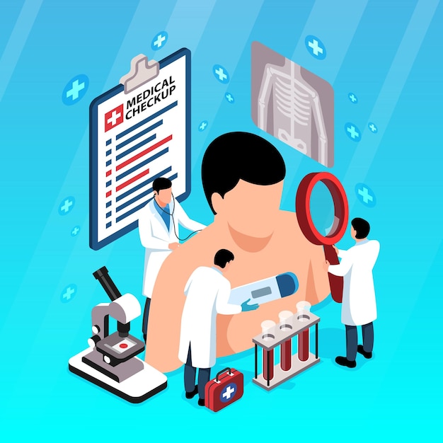 Composición isométrica de chequeo médico con equipo de laboratorio y pequeños médicos que examinan al hombre con estetoscopio de lupa y termómetro ilustración vectorial 3d