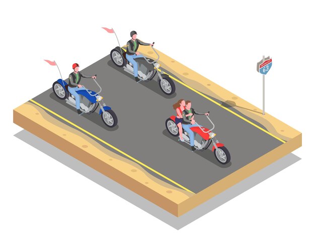 Composición isométrica con ciclistas masculinos y femeninos montando motocicletas coloridas.