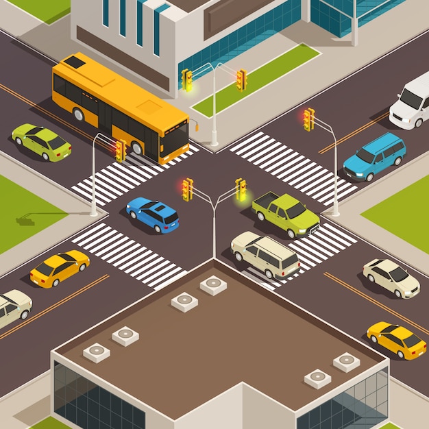 Composición isométrica de la ciudad coloreada y aislada con la carretera y el cruce de peatones en el centro de la ciudad ilustración vectorial