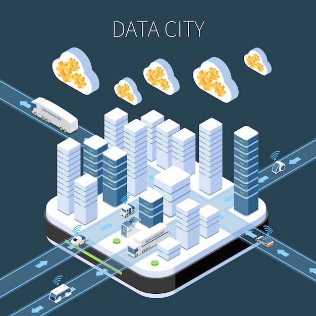 Composición isométrica de la ciudad de datos con infraestructura de servidor de servicios en la nube y transferencia de información en la oscuridad