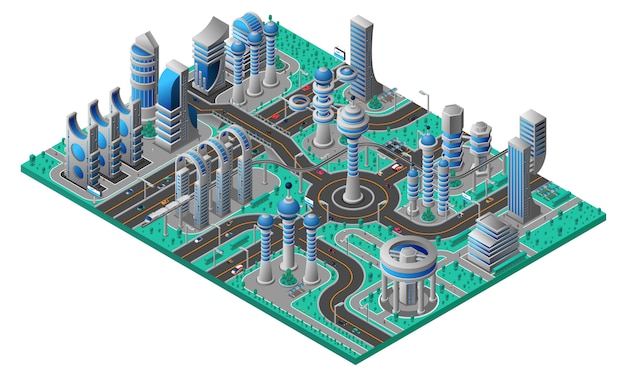 Composición isométrica de la ciudad futura